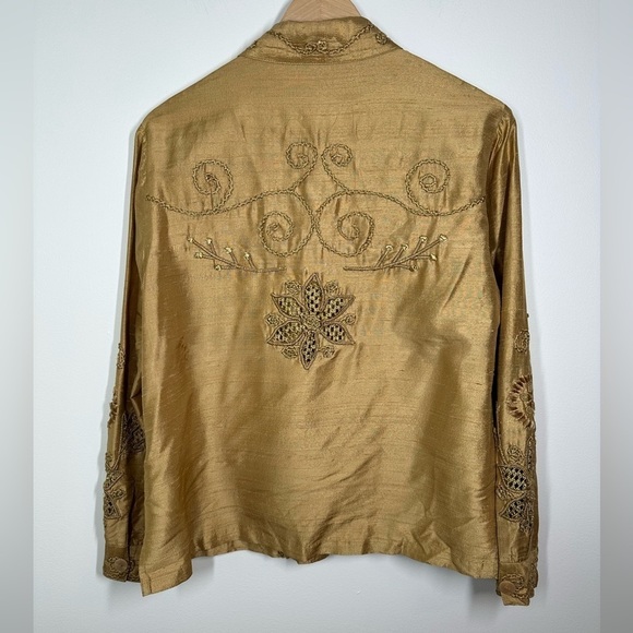 SANDY Starkman 100% Silk Gold Embellished Button Down Shirt Size Petite  Medium - Picture 6 of 6